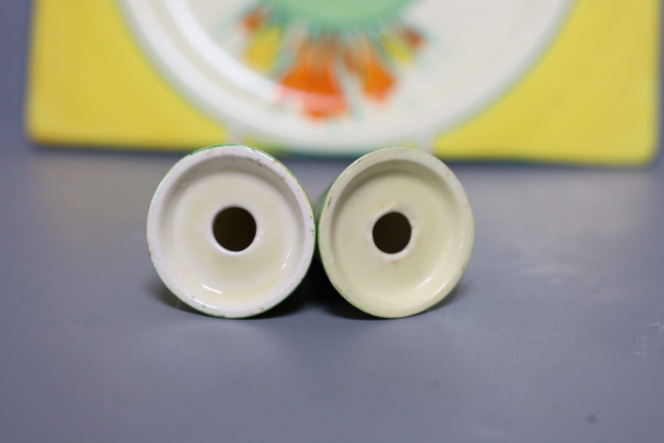 Clarice Cliff Sungleam Crocus, salt and pepper pots. trencher plate, plate 26.5 cms wide